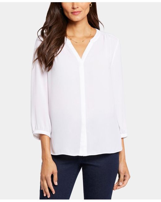 NYDJ White Petite Pintuck Split Neck Top