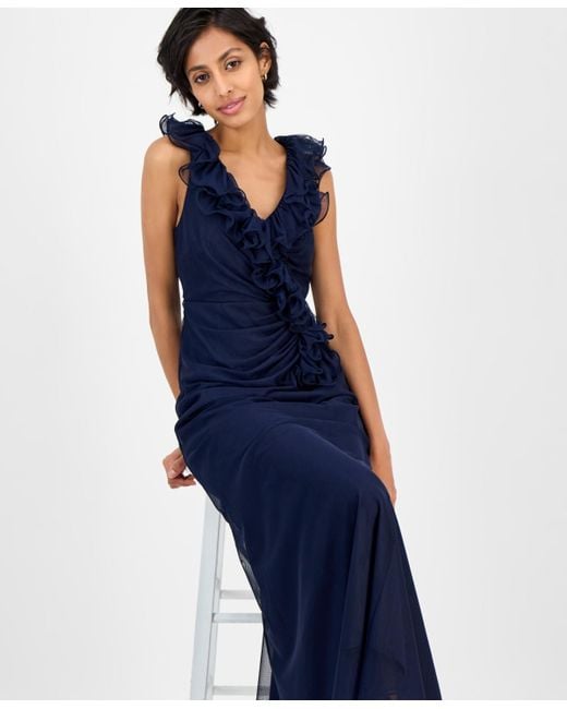 Alex Evenings Blue Petite Ruffled V-neck Sleeveless Mesh Gown