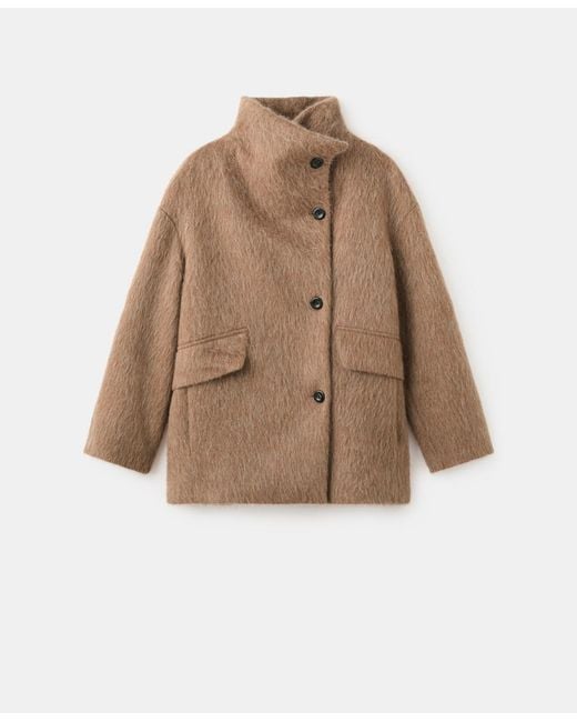 Mango Brown Wool-blend Funnel-neck Coat