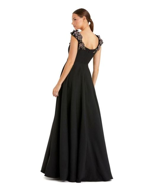 Mac Duggal Black Crepe Sleeveless Ballgown With Rhinestone Flowers