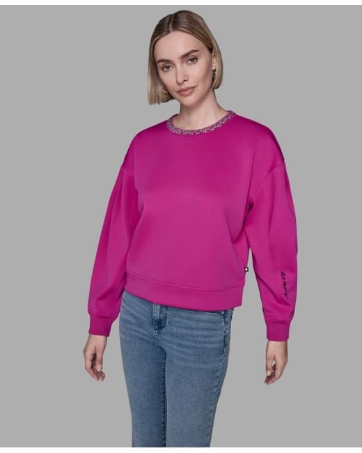 Karl Lagerfeld Women's Pink Crewneck Crystal Neck Top