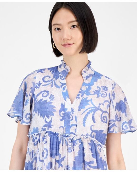 Sandra Darren Blue Printed Short-sleeve Shift Dress