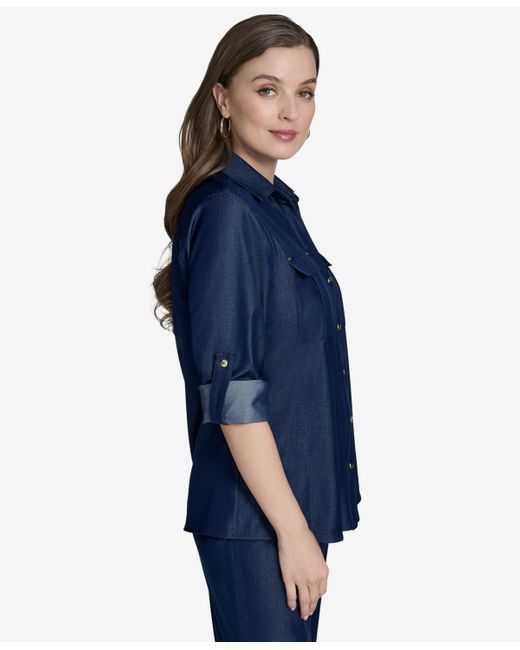 Halston Heritage Blue Collared Roll-tab-sleeve Button-front Shirt