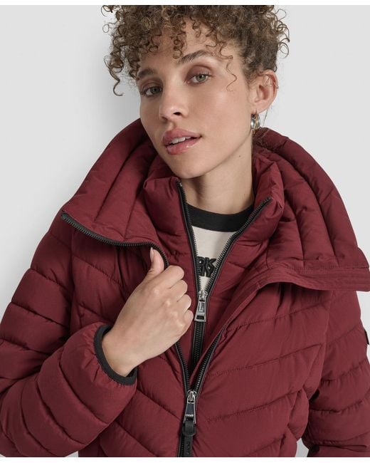 DKNY Red Bibbed Packable Puffer Coat