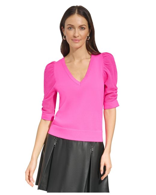 DKNY Pink Puff-sleeve V-neck Sweater