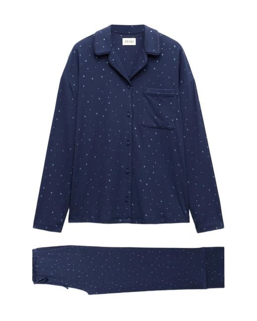 Hush Blue Ribbed Modal Star Printed Pyjamas