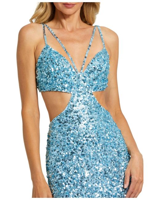 Mac Duggal Blue Thin Strap Cut Out Gown With Ombre Sequins
