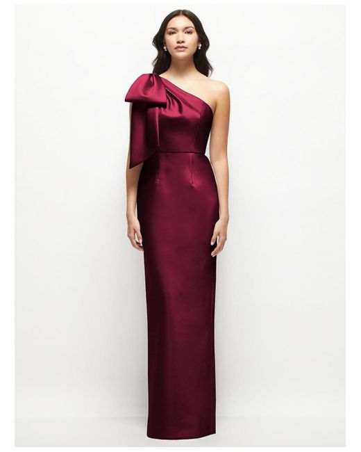 Alfred Sung Purple Oversized Bow One-shoulder Satin Column Maxi Dress