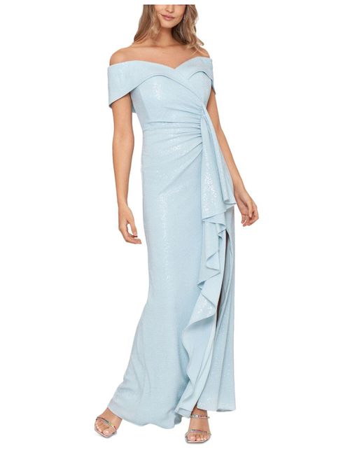 Xscape Sequin-detail Off-the-shoulder Gown in Blue | Lyst