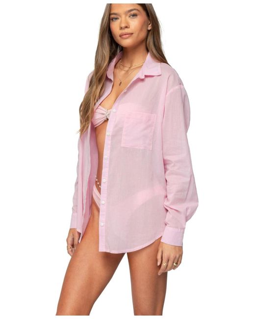 Edikted Pink Kellen Oversized Cotton Button Up Shirt