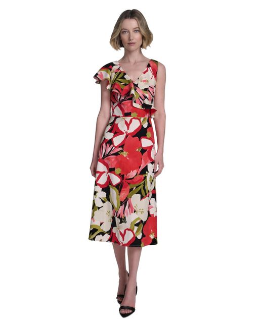 Halston Women's Red Printed Asymmetric Ruffled Midi Dress