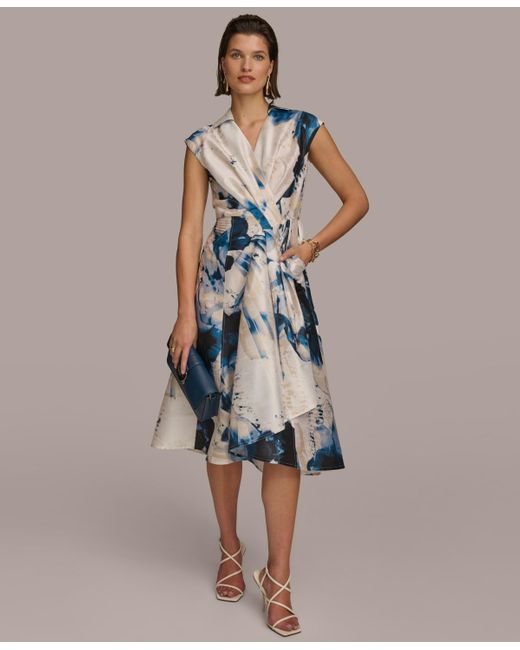 Donna Karan Blue Printed A-line Wrap Dress