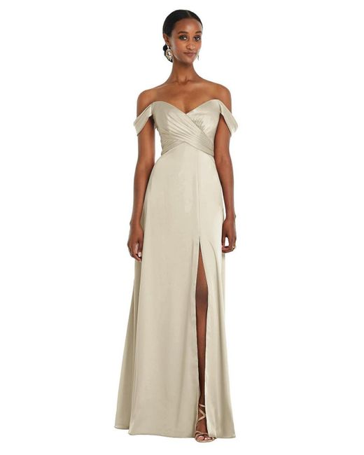Dessy Collection Natural Off-the-shoulder Flounce Sleeve Empire Waist Gown