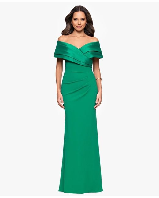 Betsy & Adam Green Off-the-shoulder Colorblocked Gown