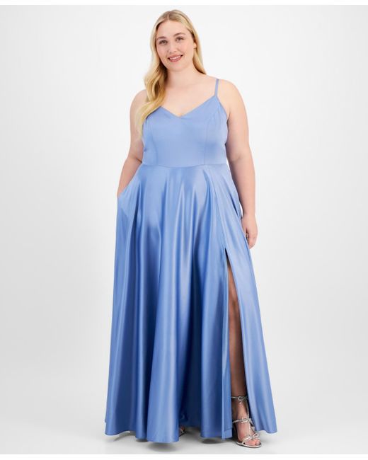 B Darlin Blue Trendy Plus Size Satin Sleeveless Gown