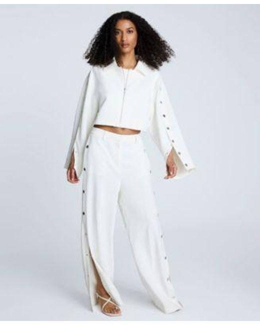 Kenneth Cole White Zip Front Snap Arm Jacket Cropped Sleeveless Bustier Top High Rise Side Snap Pants
