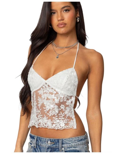 Edikted White Nyx Backless Sheer Lace Top