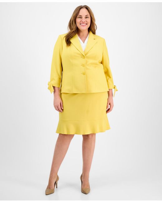 Le Suit Yellow Plus Size Three-button Tie-cuff Jacket & Flounce-hem Skirt
