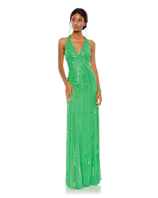 Mac Duggal Green Crystal Embellished Cascade Open Back Column Gown
