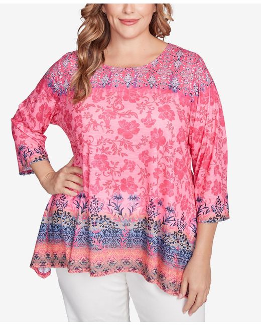 Ruby Rd Red Plus Size Floral Ombre Border Sublimation Knit Top