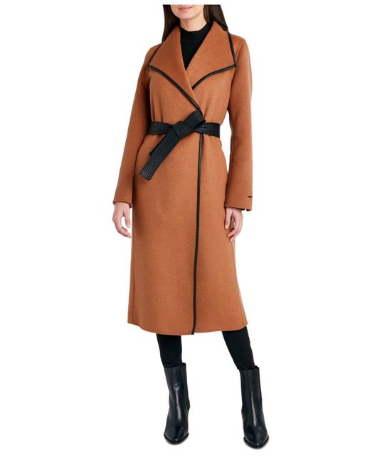 Tahari Faux-leather-trim Belted Wrap Coat in Brown | Lyst