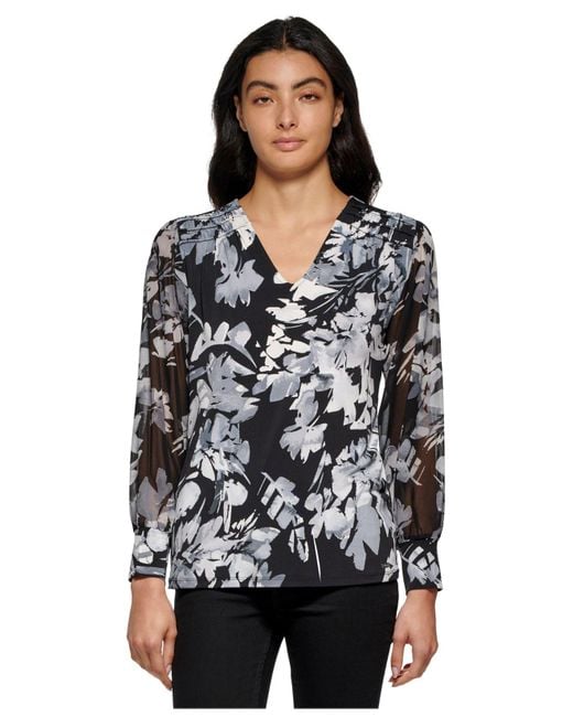Calvin Klein V-neck Printed Chiffon Sleeve Blouse in Black | Lyst