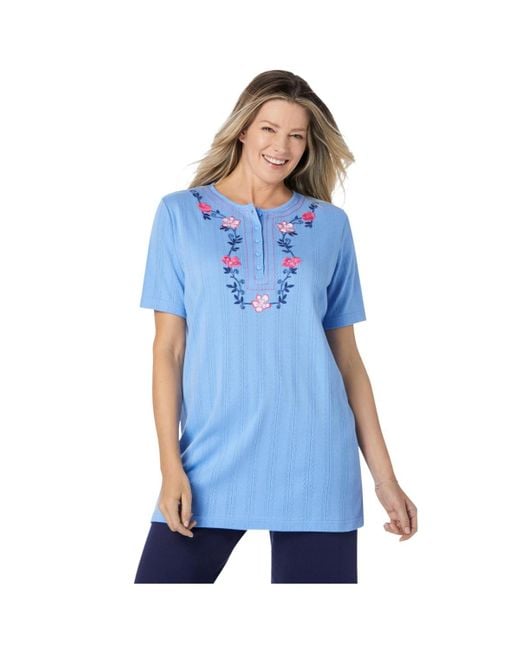 Woman Within Blue Plus Size 7-day Embroidered Pointelle Tunic