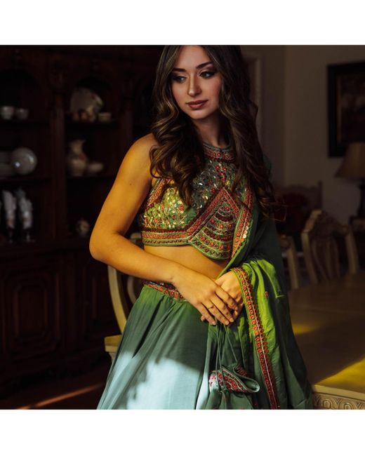 Ras Green Hand Embroidered Crop Top And Skirt Set