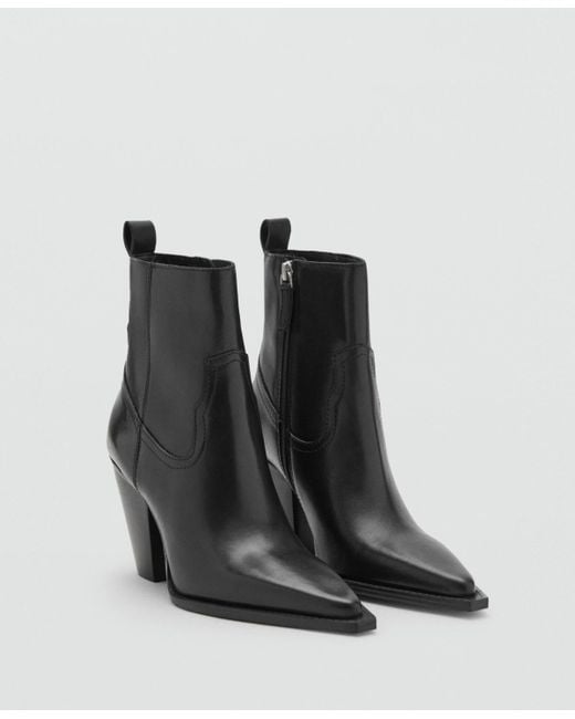 Mango Black Block Heel Leather Ankle Boots