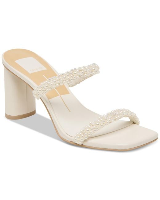 Dolce Vita White Nolah Pearl Beaded Double-band Block-heel Dress Sandals