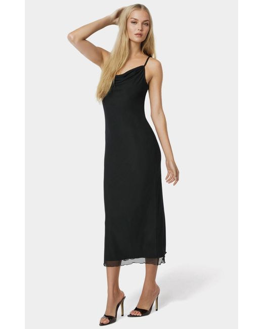 Rose-Print Layered Mesh Maxi Slip Dress: BLACK