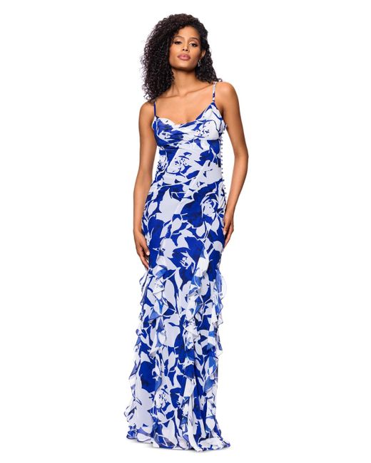 Betsy & Adam Blue Cowlneck Button-trim Ruffled Gown