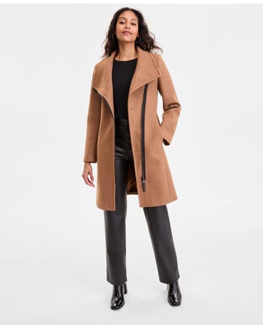 DKNY Brown Asymmetric Front-zip Belted Coat