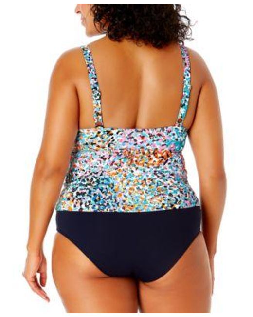 Anne Cole Blue Plus Size Printed Drape Front Tankini Top Solid High Waist Bikini Bottoms