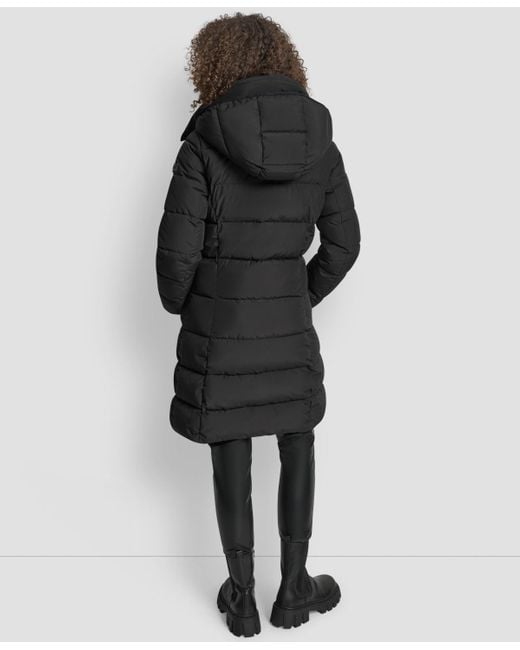 DKNY Black Bibbed Hooded Zip-front Puffer Coat