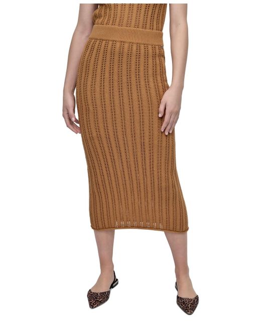 DKNY Natural Crewneck Cable Pointelle Stitch Sleeveless Sweater Midi Skirt