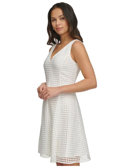 DKNY White Grid Cutout Sleeveless A-line Dress