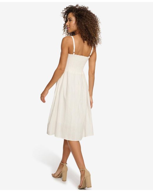 Kensie White Textured Cotton Knot-front Sleeveless Dress