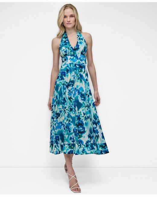 DKNY Cotton Halter V-neck Tie-back Midi Dress in Blue | Lyst