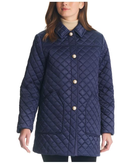 Kate Spade Blue Imitation-pearl-button Quilted Coat