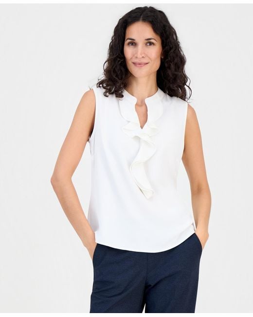 Kasper White Ruffled Split-neck Sleeveless Blouse