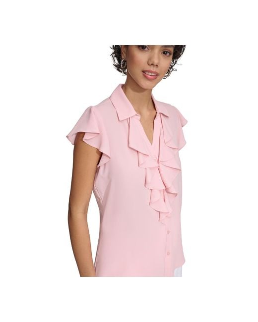 Calvin Klein Pink Petite Cap-sleeve Ruffle-front Blouse