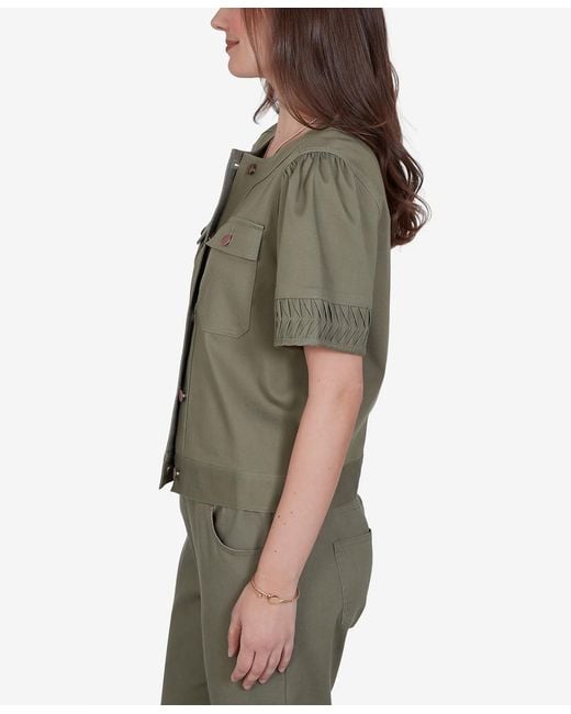 Ruby Rd Green Petite Pleated Short-sleeve Soft Denim Jacket