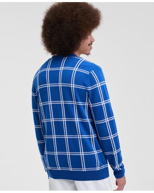 Club Room Blue Cotton Windowpane-plaid Cardigan Sweater for men