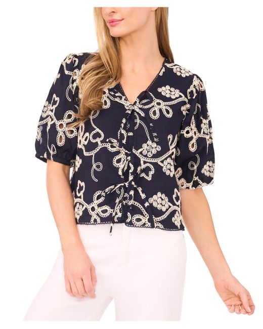 Cece Blue Short Sleeve Open Tie Front Embroidered Top