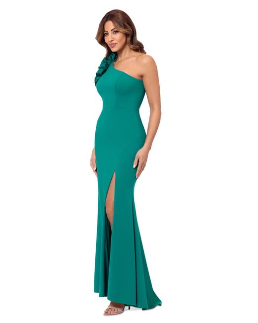 Xscape Green Embellished One-shoulder Scuba Gown