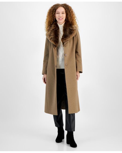 Via Spiga Single breasted Faux fur collar Maxi Coat in Natural Lyst