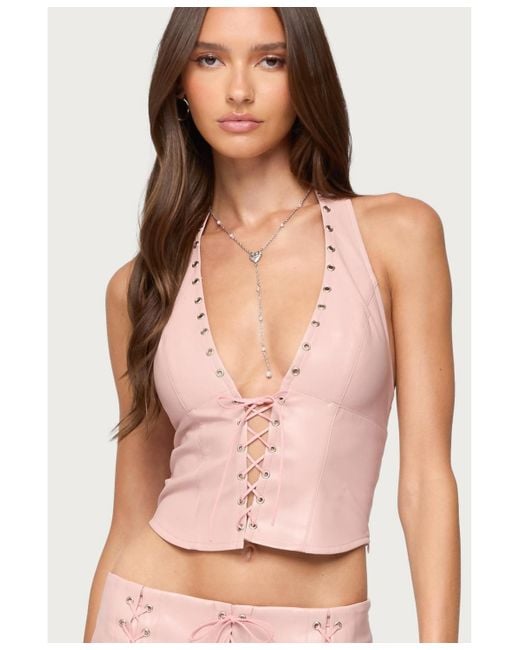 Edikted Pink Elisha Lace Up Halter Top