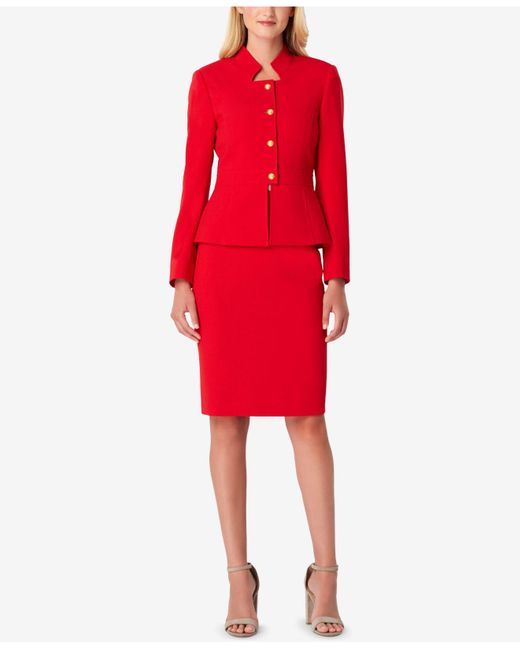 Tahari Red Petite Peplum Skirt Suit
