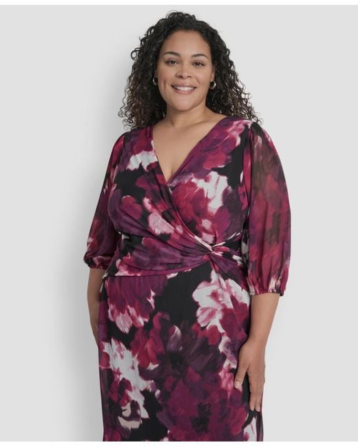 DKNY Red Plus Size Bubble Sleeve Surplice Neck Front Knot Midi Dress